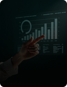 Hand pointing at a digital marketing analytics dashboard showing growth and performance metrics at Luna360 Media